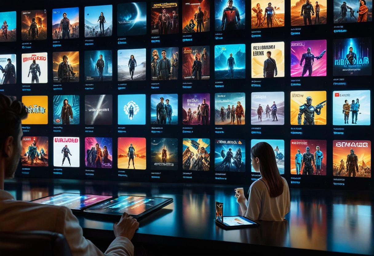 A futuristic user seamlessly navigating through an ultra-modern online movie database on a holographic screen, surrounded by vibrant movie posters, popcorn, and a cozy cinema setting. include a sleek interface and dynamic search options glowing. super-realistic. vibrant colors.