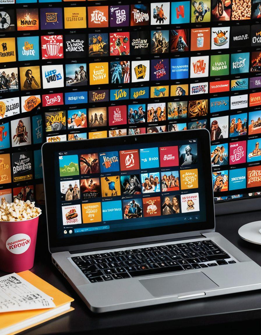 A sleek, modern laptop displaying a vibrant, well-organized web-based movie database interface with neatly sorted movie thumbnails. The background features iconic movie elements like film reels, popcorn, and a clapperboard to emphasize the cinematic theme. The overall feel should be inviting and user-friendly, blending technology with the magic of movies. vector art. vibrant colors.