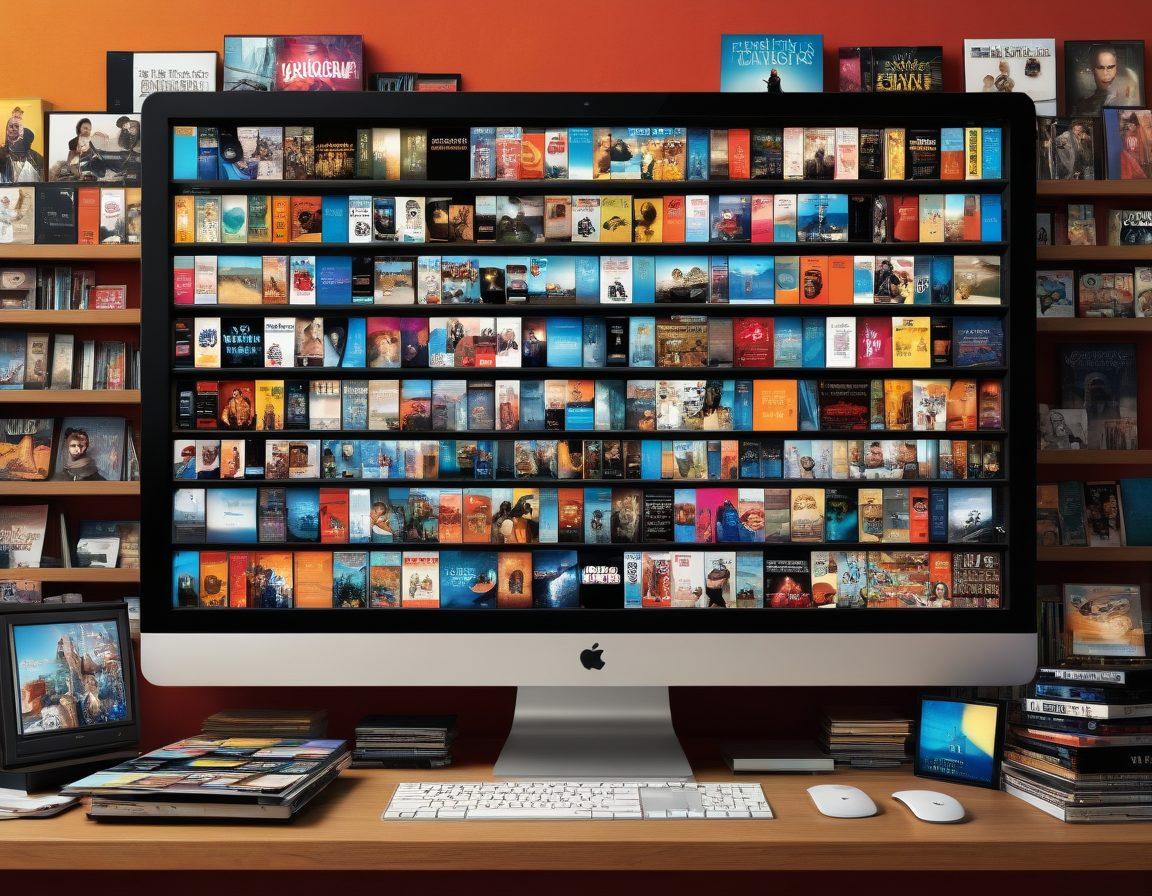 A bustling, chaotic room filled with scattered DVDs, Blu-rays, and movie memorabilia gradually transforming into an organized, sleek digital interface on a computer screen. The background transitions from a cluttered mess to a serene, minimalist space. Visual elements like a search bar, sorting options, and movie thumbnails should be prominently displayed. dynamic transformation. vibrant colors. modern digital art.